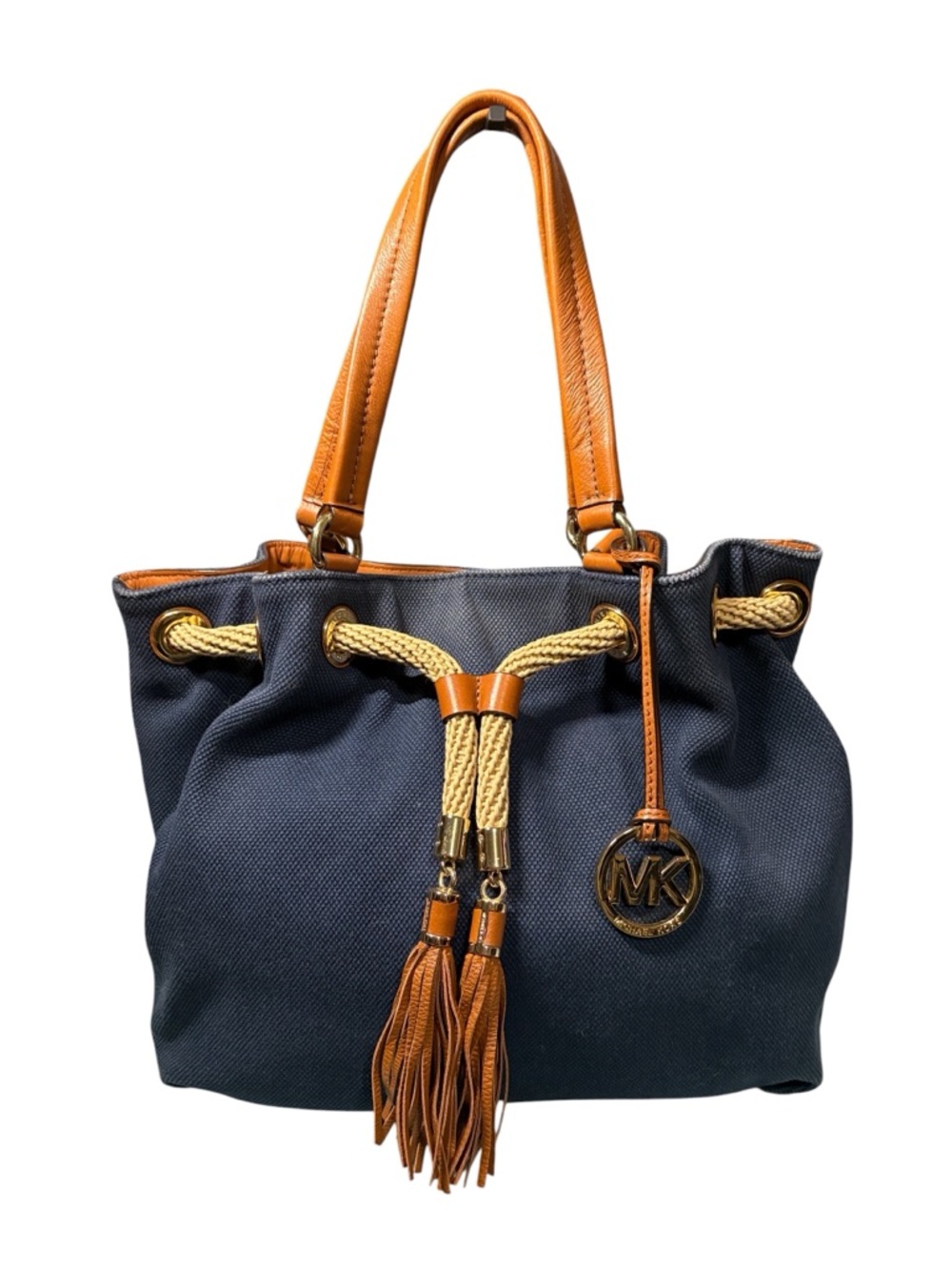 MICHAEL KORS Marina Large Navy Canvas Drawstring Tote Bag Rope Tassels